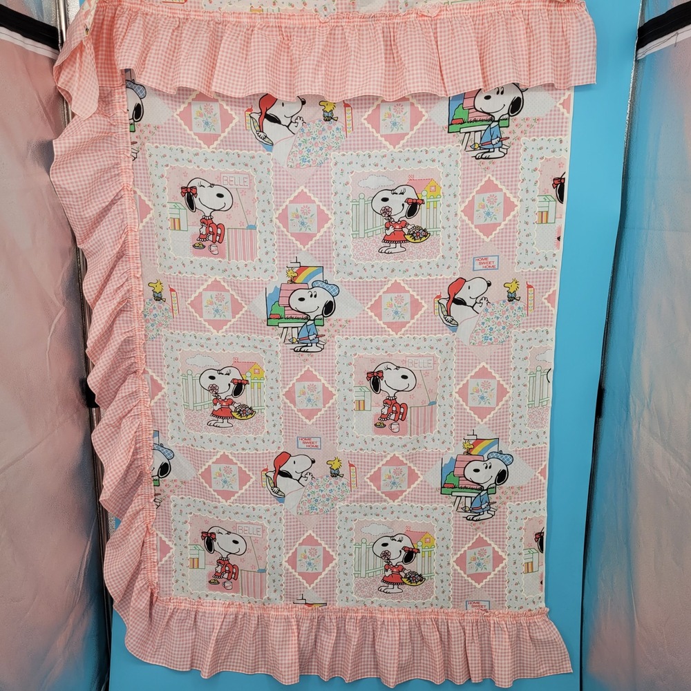 Peanuts Snoopy Belle Ruffled Curtain Panels Pink Gingham Vintage Nursery Decor